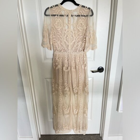 Wishlist Cream Ivory Lace Embroidered Deep V Low Cute Sheer Maxi Dress Romper S - Picture 7 of 9
